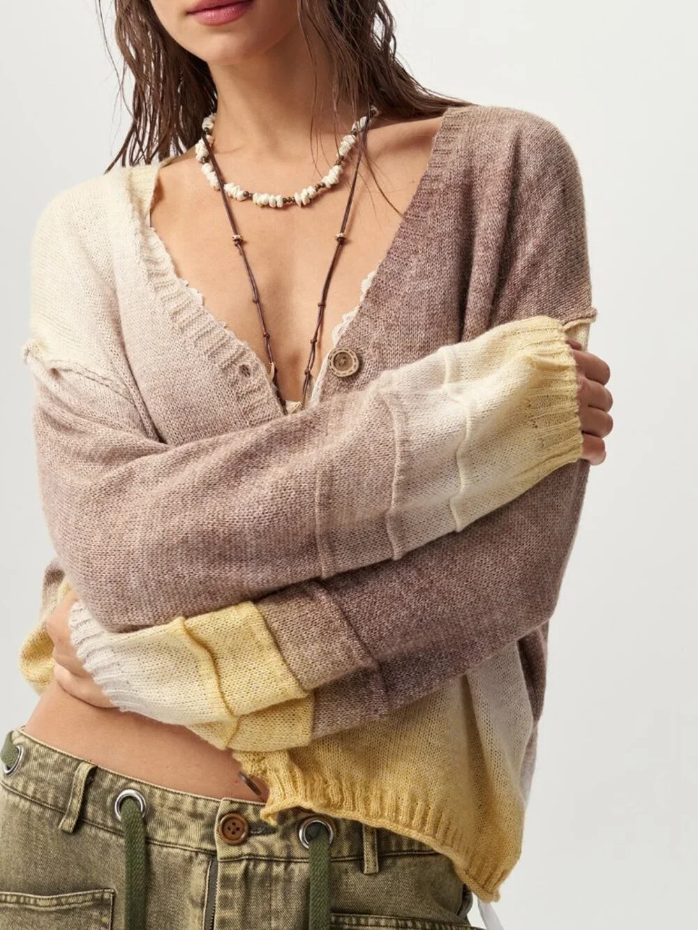 Champagne Casual Women's Gradient Deep V-Neck Knit Cardigan